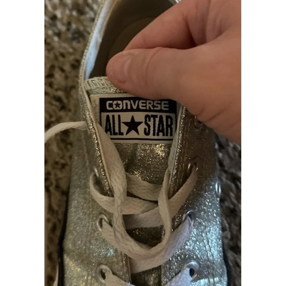 Converse All-Star Junior Chuck Taylor Silver Glitter Low Sneakers #641727C Sz 3